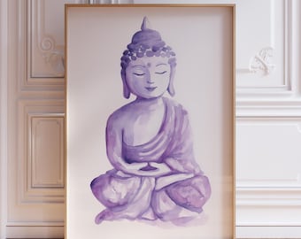 May include: A framed watercolour print of a seated Buddha in a meditative pose. The artwork features a soft, muted purple colour palette. The Buddha is depicted with closed eyes and a serene expression, evoking a sense of peace and tranquility.