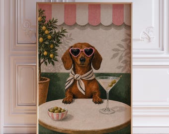 Pink Preppy & Chic Martini Cocktail Dog Dachshund Wall Art Print