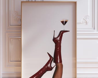 Rote Stiefel Espresso Martini Print | Bottoms Up Heels Poster | Roter Stiefel-Martini-Druck Bottoms Up Boot Print | Rote Stiefel Print Martini Wandkunst