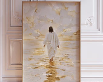 White and Gold Jesus Walking on Water Wall Art Print