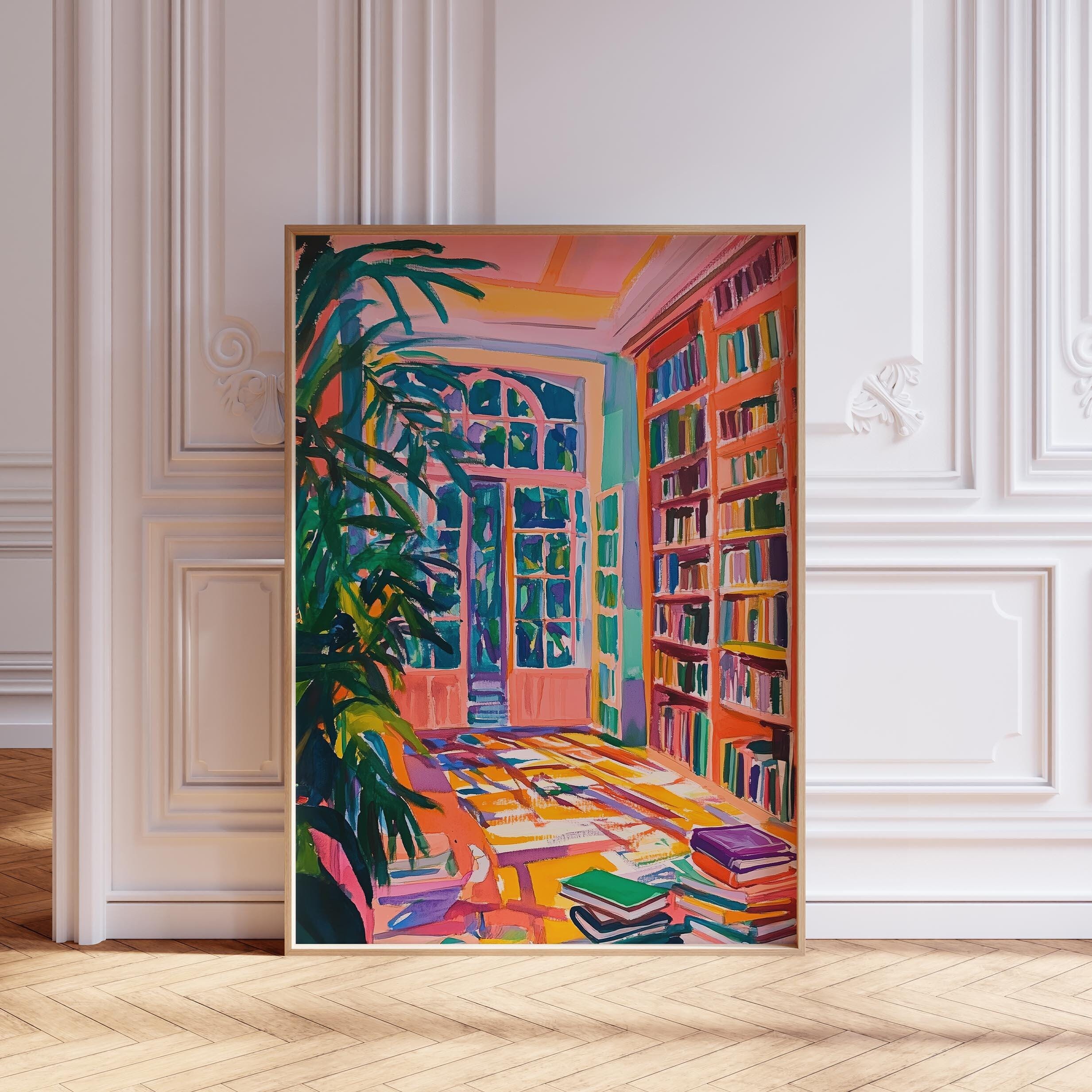 DIGITAL DOWNLOAD | Book Art Print | Colorful Library Art Print | Pink Bookish Print | Reading Art Print | Reading Corner Bookshelf Art Print