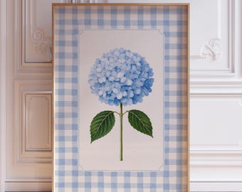 White and Blue Preppy Gingham Coastal Floral Hydrangea Wall Art Print