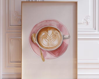 Rosa Kaffee Poster | Coffee Shop Poster | Poster | Kaffeetasse Poster | Aquarell Kaffeebecher Wandkunst | Coffee Bar Print für die Küche