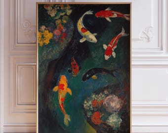 Lámina decorativa de peces koi / Póster japonés de koi / Arte mural japonés de koi / Lámina decorativa de koi / Impresión artística de koi / Pintura de peces koi / Arte mural de estanque de koi