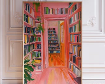 Buch Kunstdruck | Bunte Bibliothek Kunstdruck | Rosa Bücherwurm Print | Kunstdruck Kunstdruck | Bücherregal Kunstdruck | Helle Leseecke Kunstdruck
