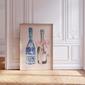 Pink ribbon bow coquette champagne print for bar cart decor