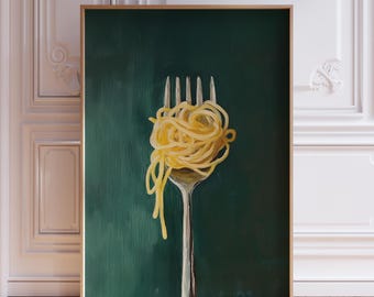 Green Pasta Wall Art | Pasta Kitchen Art Print | Pasta On Fork Painting | Pasta Art Print Sage Green Kitchen Print | Pasta Kitchen Wall Art