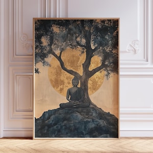 Minimalist Buddha Wall Art | Gold Gautama Buddha Print | Buddha Poster | Buddha Lotus Zen Art | Bodhi Tree Art Print | Tree of Life Wall Art