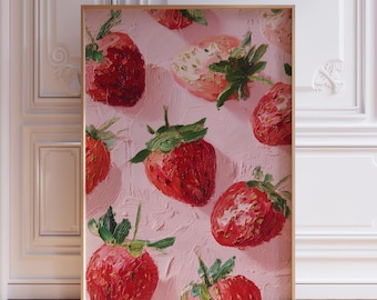 Roze aardbei kunst aan de muur | Roze voedselposter | Rode en roze keukenkunstafdruk | Rode en roze keukenmuurkunstafdruk | Roze keukenprint