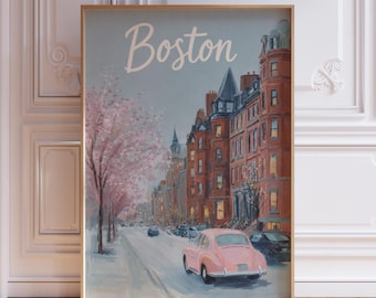 Vintage Pink and Blue Boston Wall Art Print