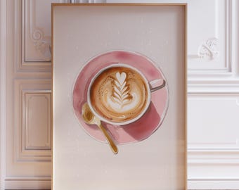 Pink Coffee Poster | Coffee Shop Poster | Coffee Cup Artwork Latte Poster | Watercolor Coffee Mug Wall Art | Girly Kitchen Coffee Bar Print