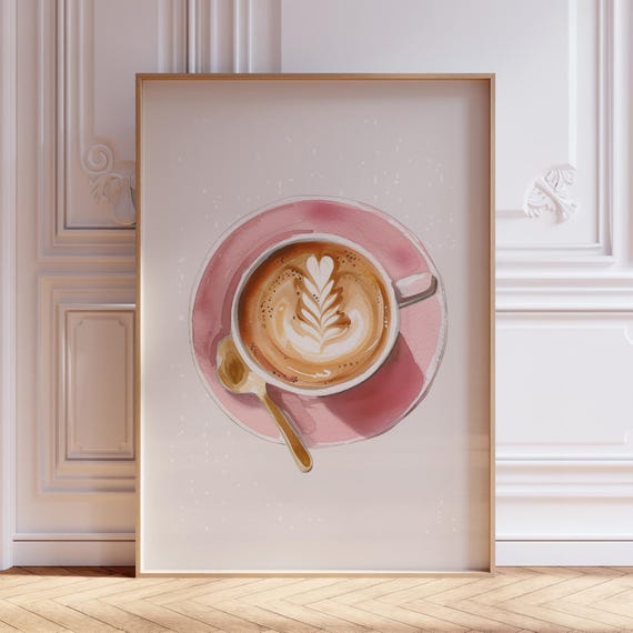 Pink Coffee Poster | Coffee Shop Poster | Coffee Cup Artwork Latte Poster | Watercolor Coffee Mug Wall Art | Girly Kitchen Coffee Bar Print