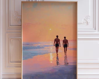 Men Walking on the Beach Gay Wall Art Print
