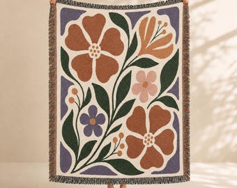 Purple and Red Boho Botanical Cottagecore Woven Blanket