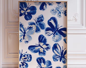 Blue Butterfly Wall Art | Blue Chinoiserie Wall Art | Butterfly Print | Butterfly Art | Preppy Grandmillenial Wall Art | Butterfly Artwork