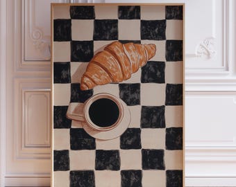 Checkered Coffee and Croissant Print | Funky Food and Drink Poster | Croissant and Coffee Print | Coffee Cup Wall Art | Retro Kitchen Print