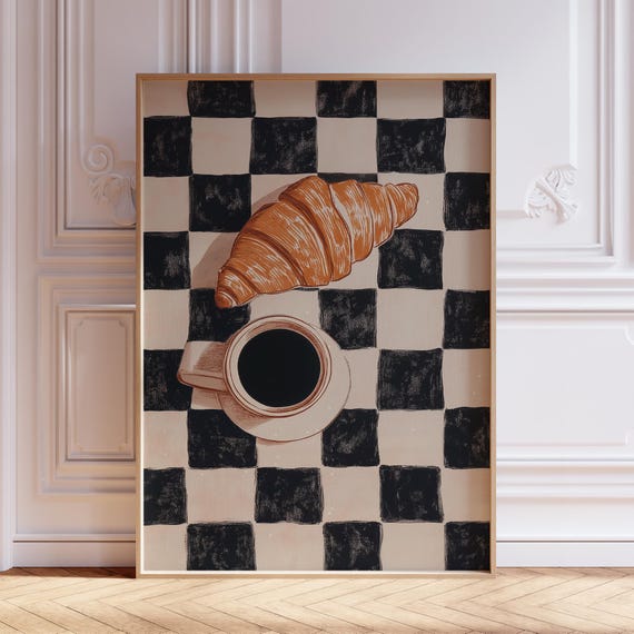 Checkered Coffee and Croissant Print | Funky Food and Drink Poster | Croissant and Coffee Print | Coffee Cup Wall Art | Retro Kitchen Print
