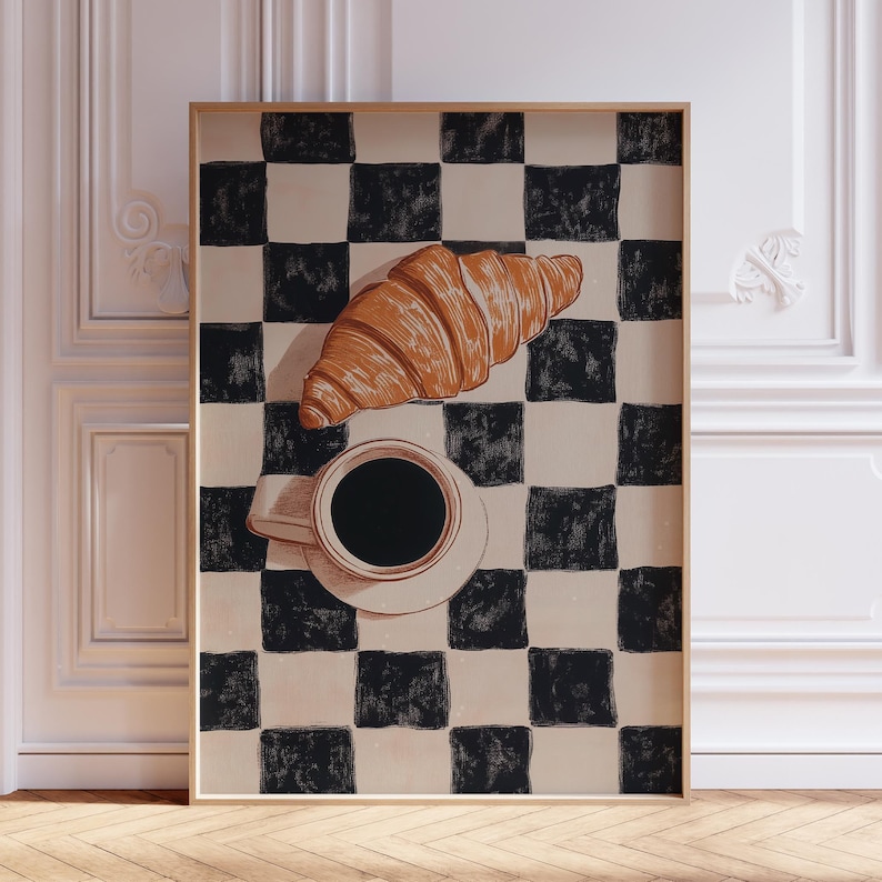 Coffee and Croissant Print for Retro Kitchen Wall Art