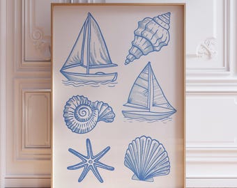 Blue and White Coastal Seashell Wall Art Print
