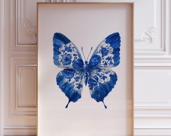 Blue Butterfly Wall Art | Blue Chinoiserie Wall Art | Butterfly Print | Butterfly Art | Preppy Grandmillenial Wall Art | Butterfly Artwork