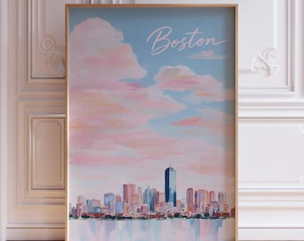 Pastel Pink and Blue Cityscape Boston Wall Art Print