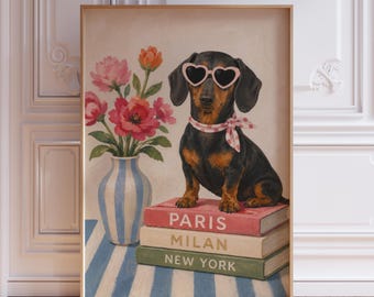 Pink and Blue Chic Whimsical Dog Dachshund Wall Art Print