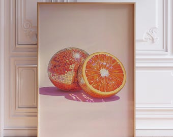 Fruit Disco Ball Print | Disco Orange Citrus Print | Cute Disco Print | Orange Fruit Wall Art | Pink Kitchen Print | Retro Oranges Print