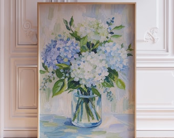 White and Blue Preppy Coastal Floral Hydrangea Wall Art Print