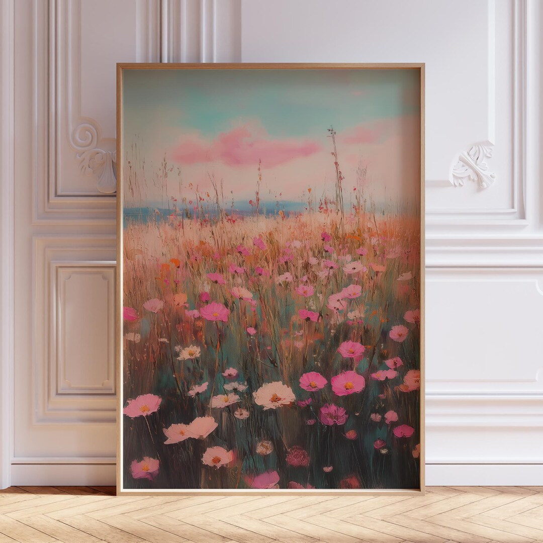 Pink Boho Botanical Field of Wildflower Wall Art Print - Etsy