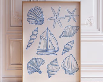 Blue and White Coastal Seashell Wall Art Print