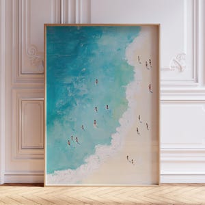 Stampa di piccole persone che nuotano nell'oceano / Arte murale blu sulla spiaggia / Poster di piccole persone che nuotano / Arte murale costiera sulla spiaggia / Opera d'arte costiera sul mare