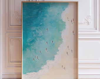 Tiny People Swimming in Ocean Print | Blue Beachy Wall Art | Tiny People Swimming Poster | Beach Coastal Wall Art | Seaside Coastal Artwork