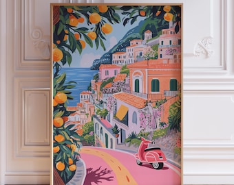 Kleurrijke Italiaanse muurkunst | Reisposter Amalfikust Positano | Muurkunst citroen Amalfikust | Roze aquarel Italiaanse landschapsafdruk