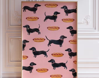 Pink Hot Dog and Dachshund Wall Art Print