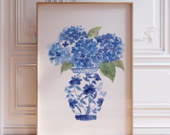 Blue Hydrangea Print | Floral Watercolor Chinoiserie Wall Art | Blue Preppy Wall Art | Ginger Jar Print | Coastal Granddaughter Print