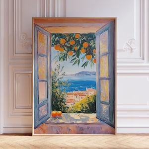 Open raam door Henri Matisse geïnspireerde print | Kunstafdruk kust Italië | Venster openen Bekijken Afdrukken | Schilderij Middellandse Zee: raam naar strand