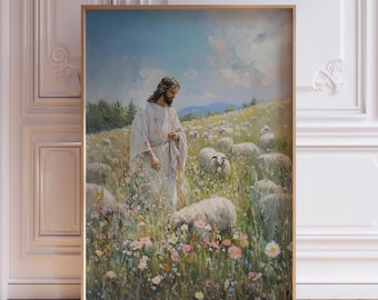 Jesus Leaves the 99 Print | Jesus Art Print | Jesus Christ Art | Modern Jesus Print | Jesus Searching for Lamb Art | Walk with Christ Print