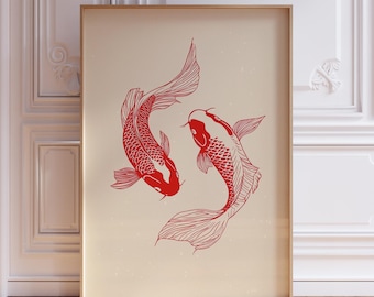 Muurafdruk koivissen | Japanse koi-poster | Japanse vismuurkunst | Japanse koi-muurkunst | Cadeau rode koi-print | Minimalistische koi-kunstafdruk