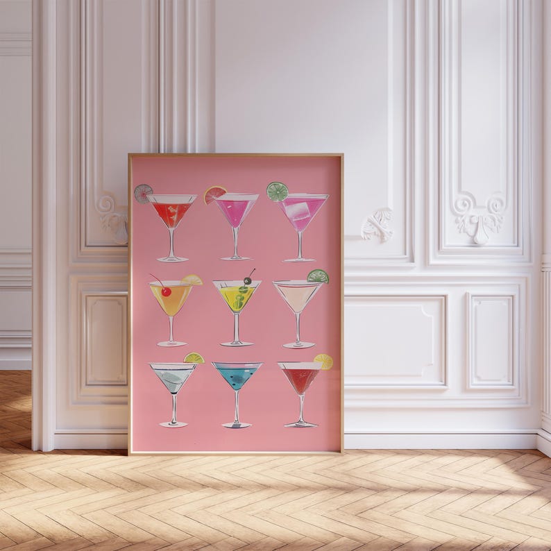 Retro pink martini poster for bar cart art