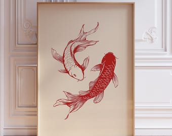 Muurafdruk koivissen | Japanse koi-poster | Japanse vismuurkunst | Japanse koi-muurkunst | Cadeau rode koi-print | Minimalistische koi-kunstafdruk
