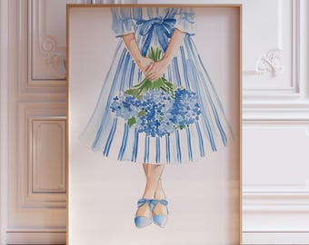 Blue and White Watercolor Floral Hydrangea Wall Art Print
