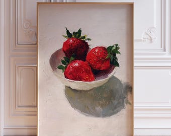 Rode aardbei kunst aan de muur | Voedselposter | Rode en witte keukenkunstafdruk | Rode en witte keukenmuurkunstafdruk | Vintage keukenafdruk
