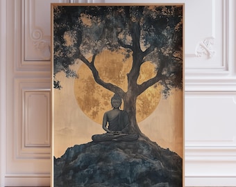 Minimalist Buddha Wall Art | Gold Gautama Buddha Print | Buddha Poster | Buddha Lotus Zen Art | Bodhi Tree Art Print | Tree of Life Wall Art