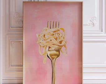 Pink Pasta Wall Art | Cute Pasta Print | Gold Fork Food Print | Trendy Food Print for Kitchen | Italian Food Print | Girly Pasta Art Print