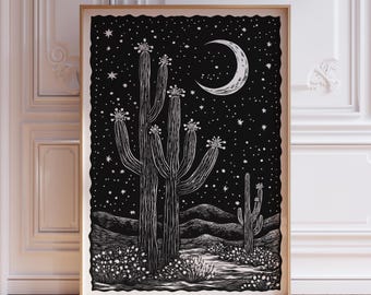 Lámina decorativa de pared en blanco y negro con diseño de desierto.