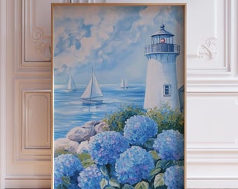 Nantucket Beach Coastal Wall Art | Blue Hydrangea Painting | Coastal Grandmother Print Light House Wall Art | Seaside Beach Flower Wall Art