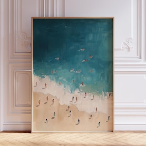 Tiny People Swimming in Ocean Print | Blue Beachy Wall Art | Tiny People Swimming Poster | Beach Coastal Wall Art | Seaside Coastal Artwork