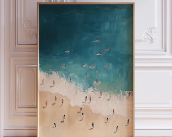 Tiny People Swimming in Ocean Print | Blue Beachy Wall Art | Tiny People Swimming Poster | Beach Coastal Wall Art | Seaside Coastal Artwork
