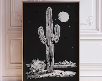 Lámina decorativa de pared en blanco y negro con diseño de desierto.