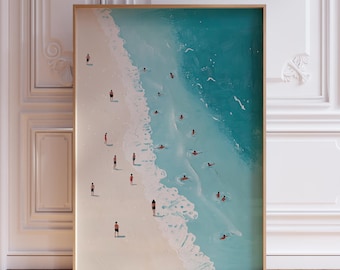 Tiny People Swimming in Ocean Print | Blue Beachy Wall Art | Tiny People Swimming Poster | Beach Coastal Wall Art | Seaside Coastal Artwork